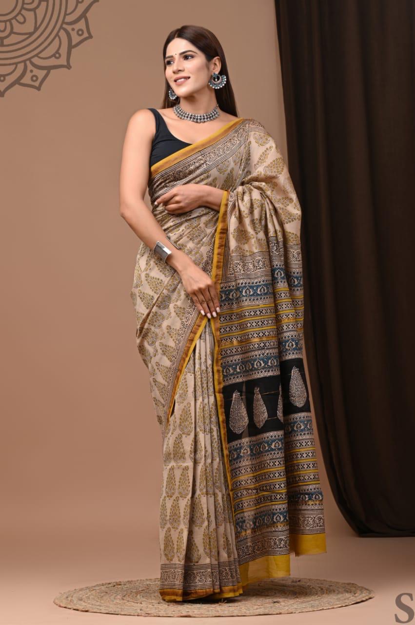 Hand Block white Chanderi Silk Saree