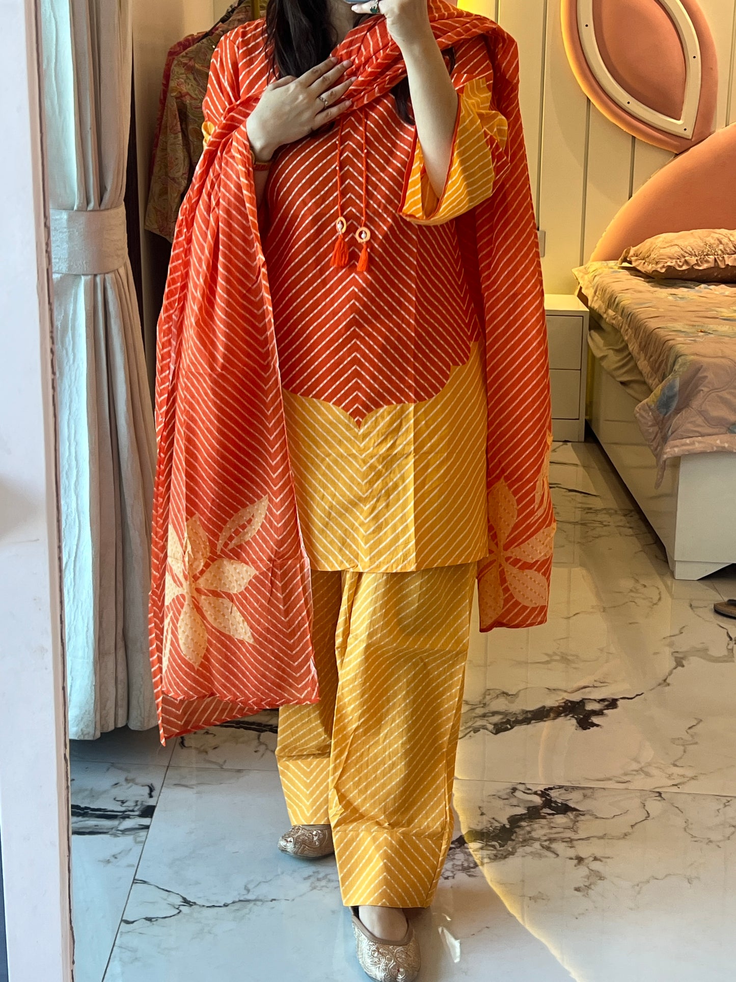 Women Leheriya Orange kurta and Yellow Afgani Pant with Dupatta (38 to 44)