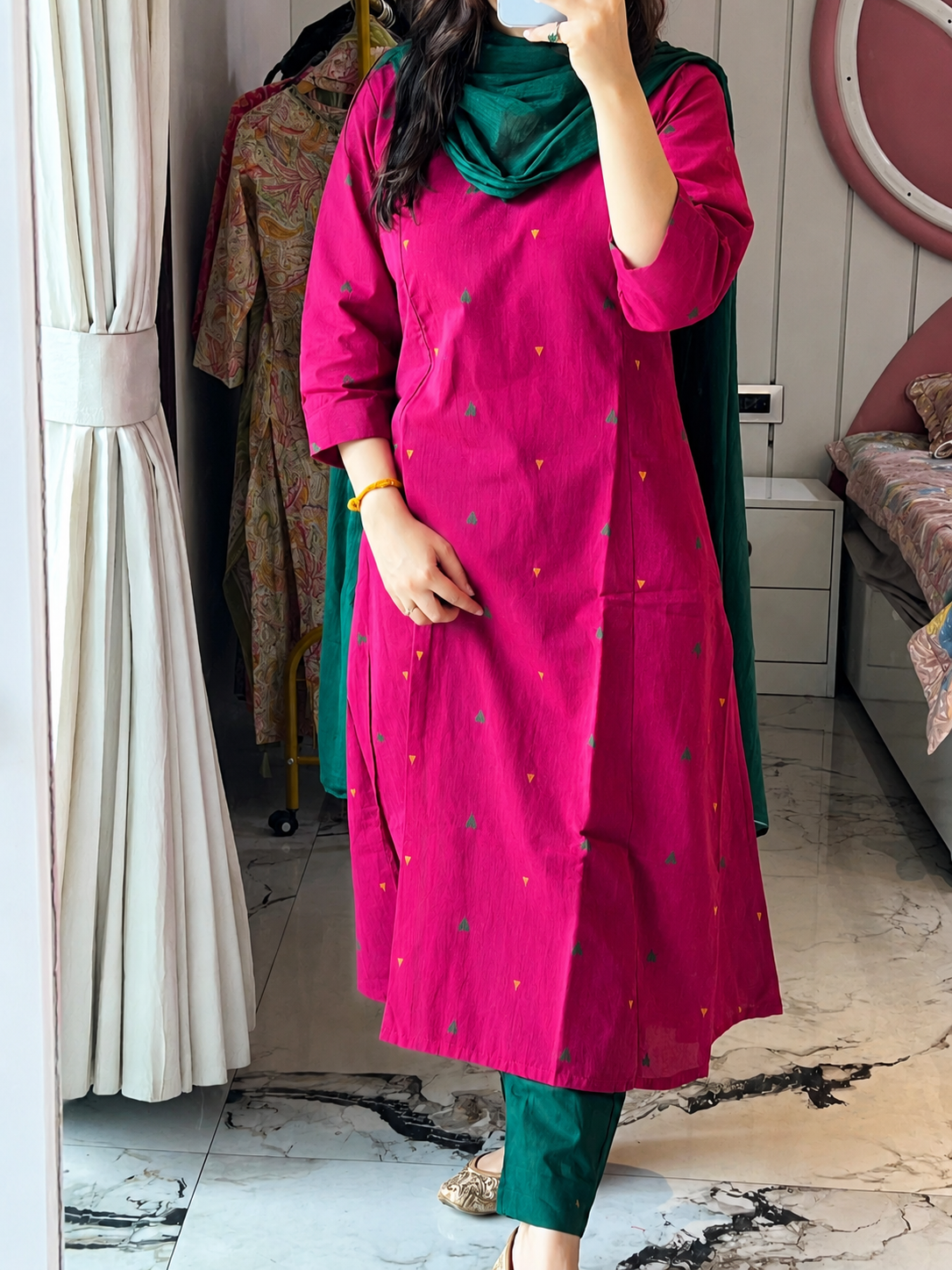 Women Wine Aline Cotton kurta Set with Dupatta (38 to 46)