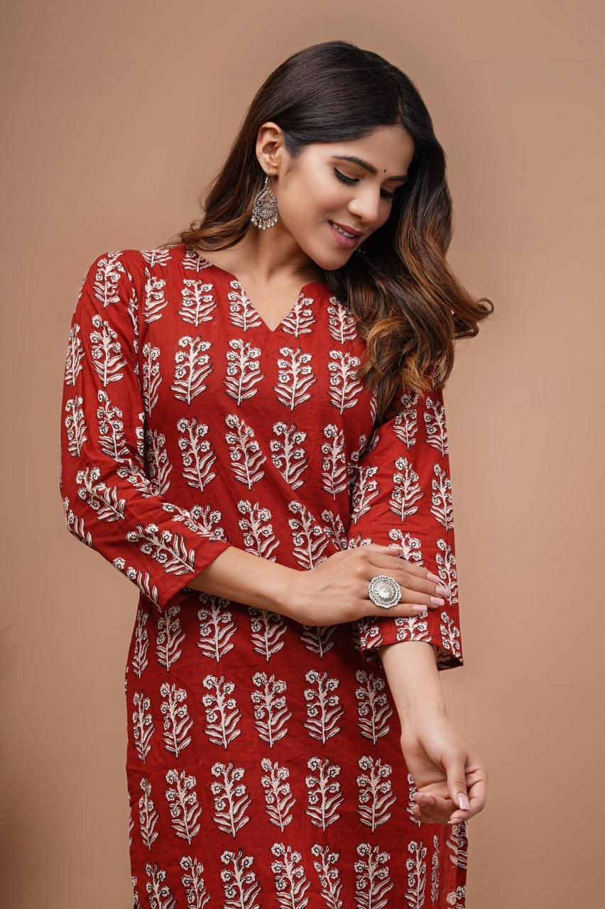Red Hand Block Print kurti
