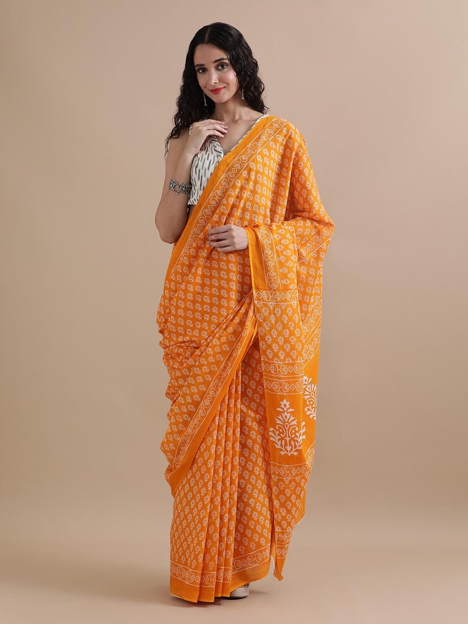 Hand Rust Orange Block Saree