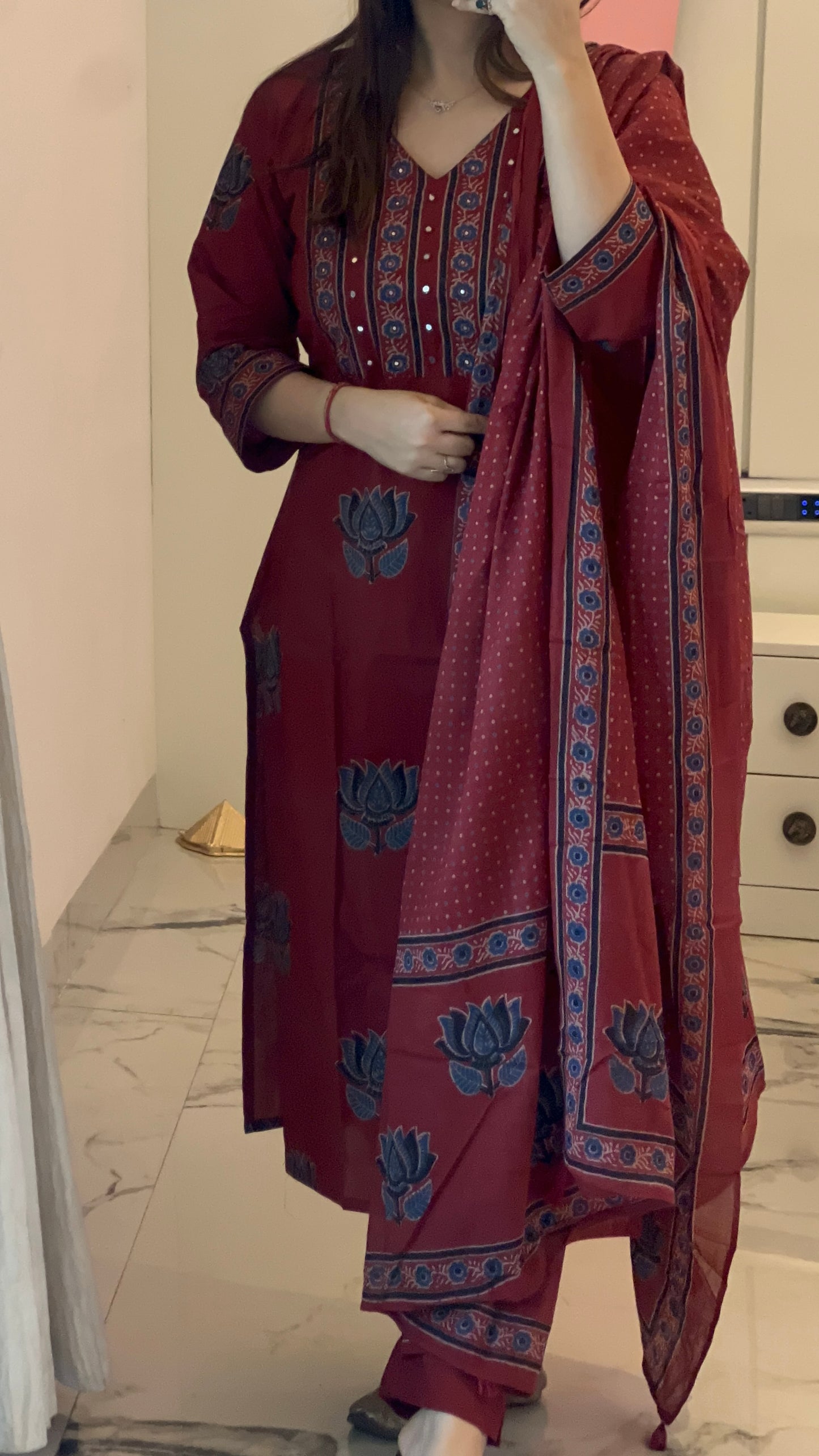 Women Maroon Cotton Kurta Set with Dupatta (38 to 52) | VGANG