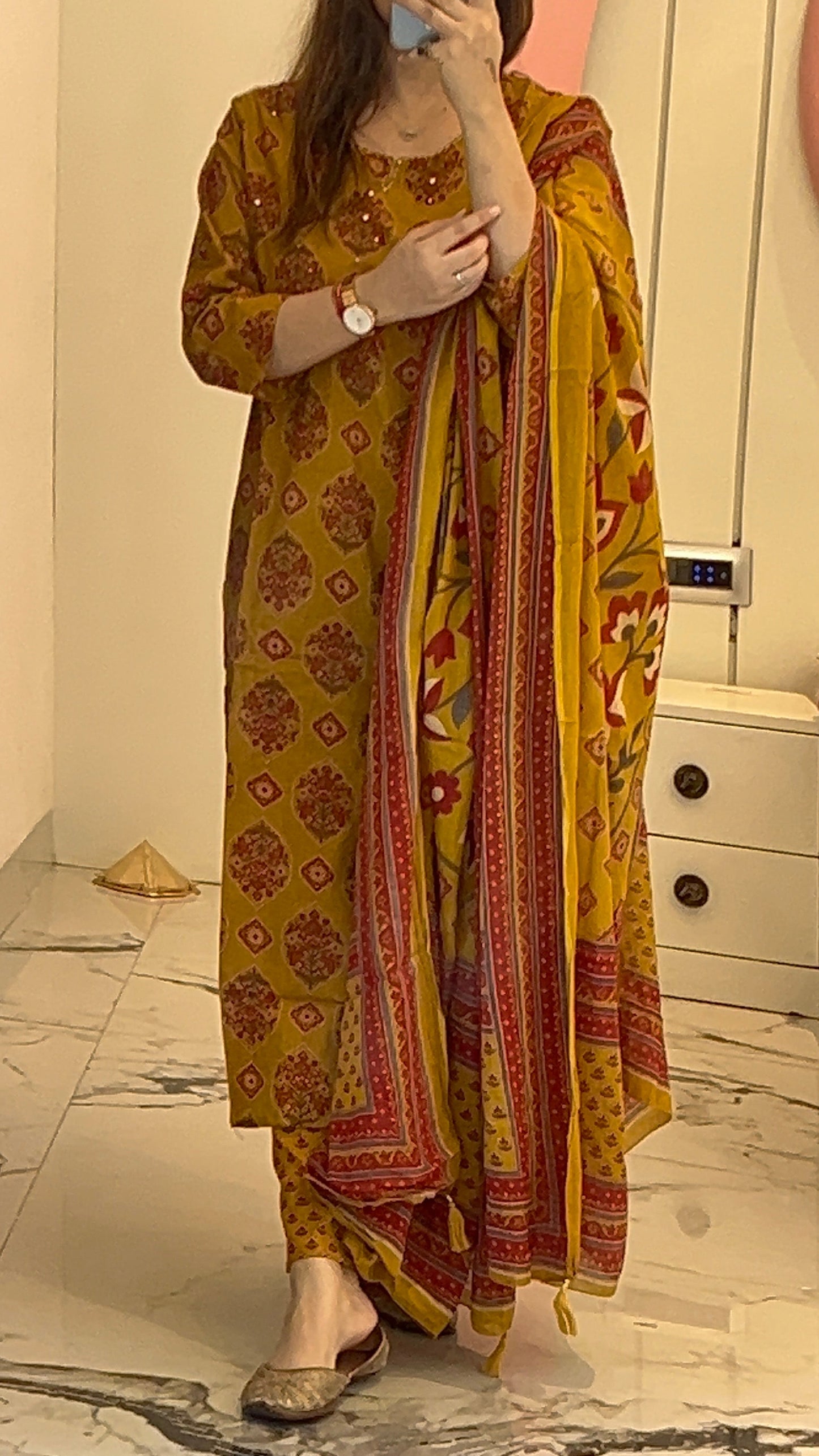 Women’s Block Print Mustard Yellow Cotton Kurta Set with Dupatta (38 to 46)