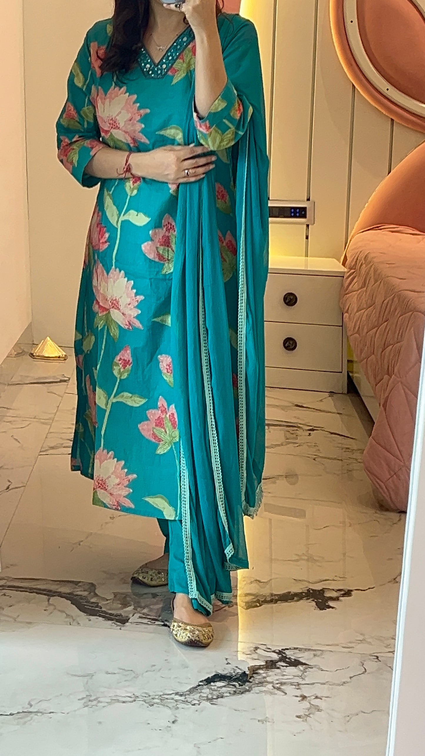 Pure Premium Teal Cotton Kurta Set with Dupatta (38 to 50)