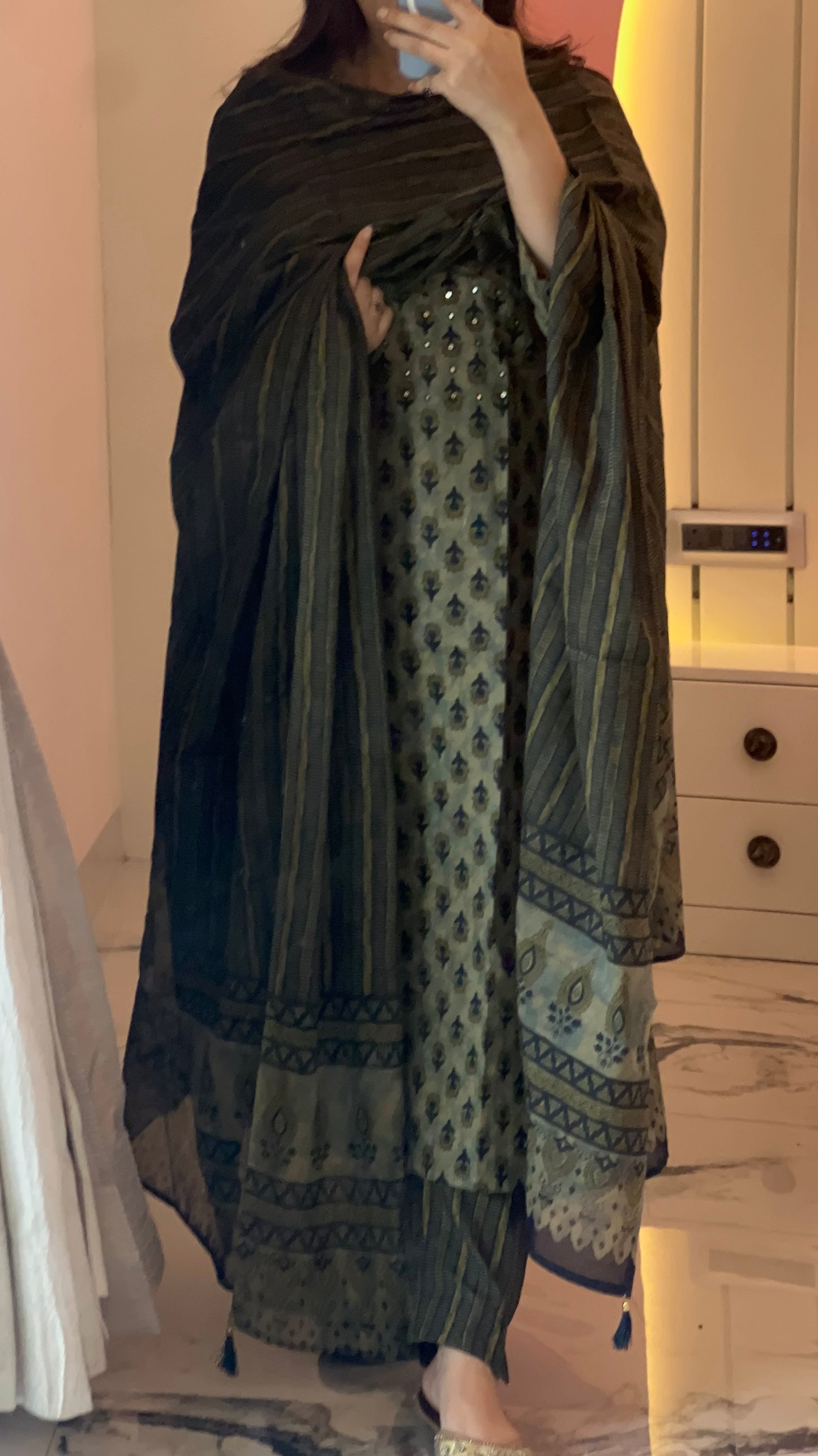 Pure Premium Butti Print Olive Green Cotton Kurta Set with Dupatta ( 38 to 52 )
