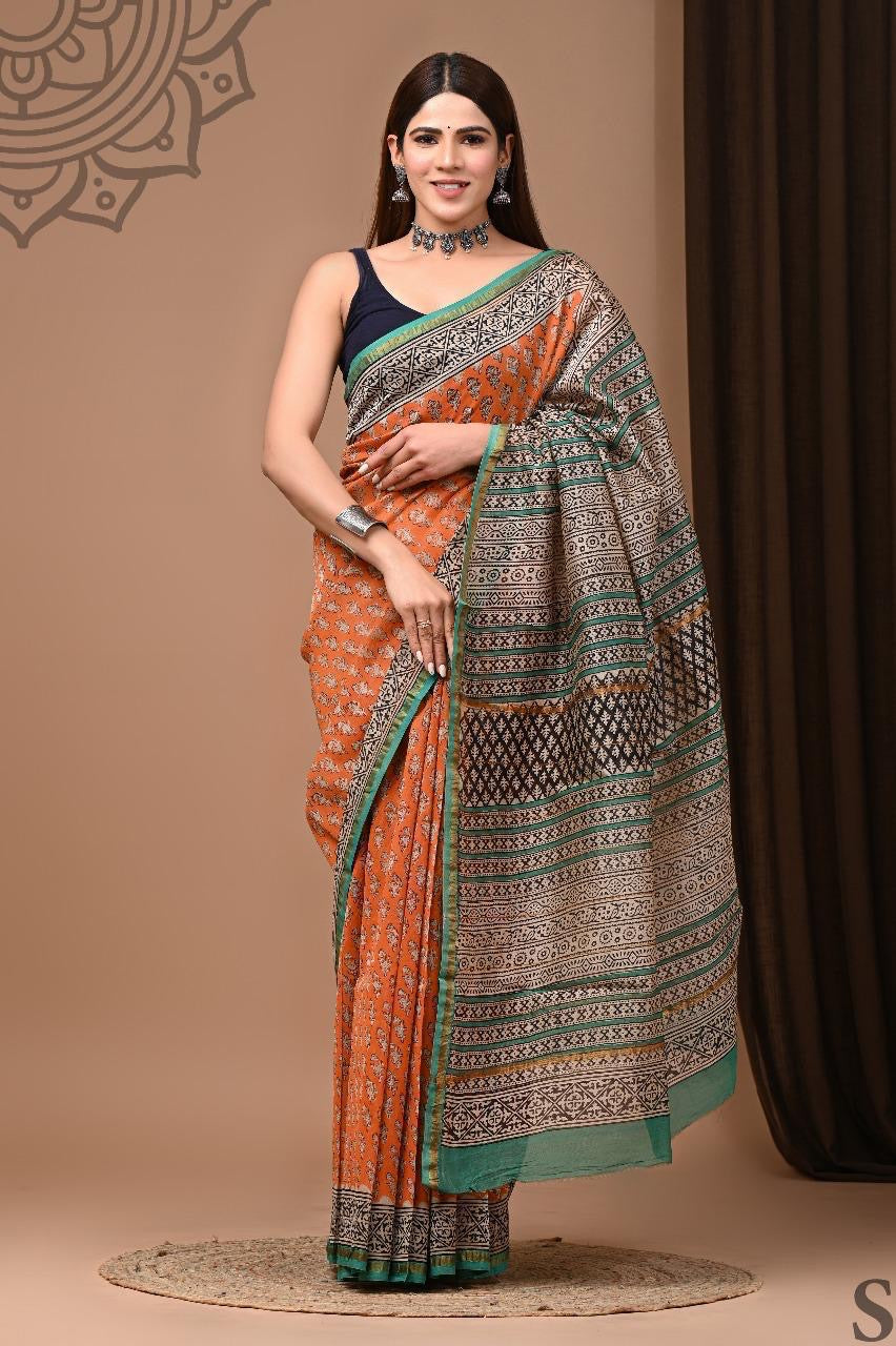 Hand Rust orange Block Black Chanderi silk saree Saree