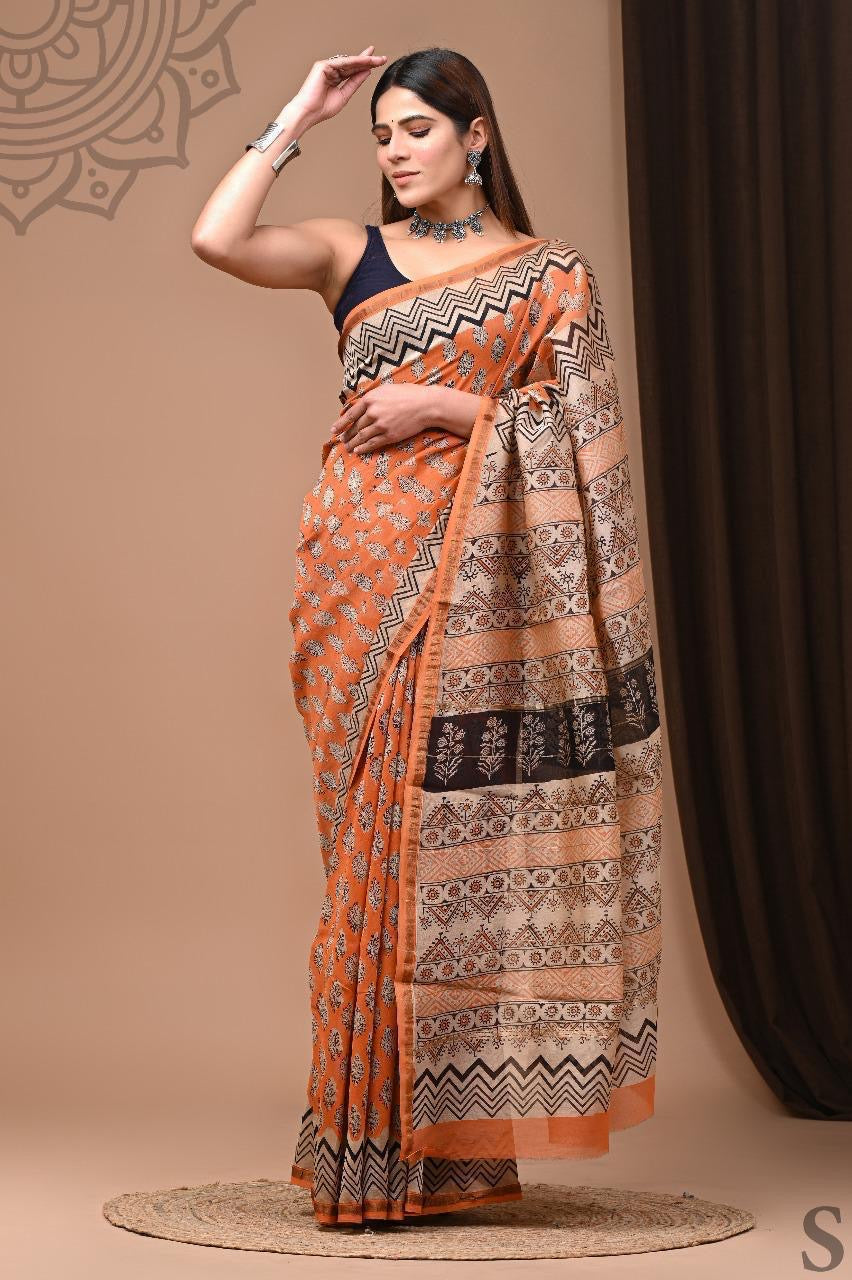 Hand Rust orange Block Black Chanderi silk saree Saree