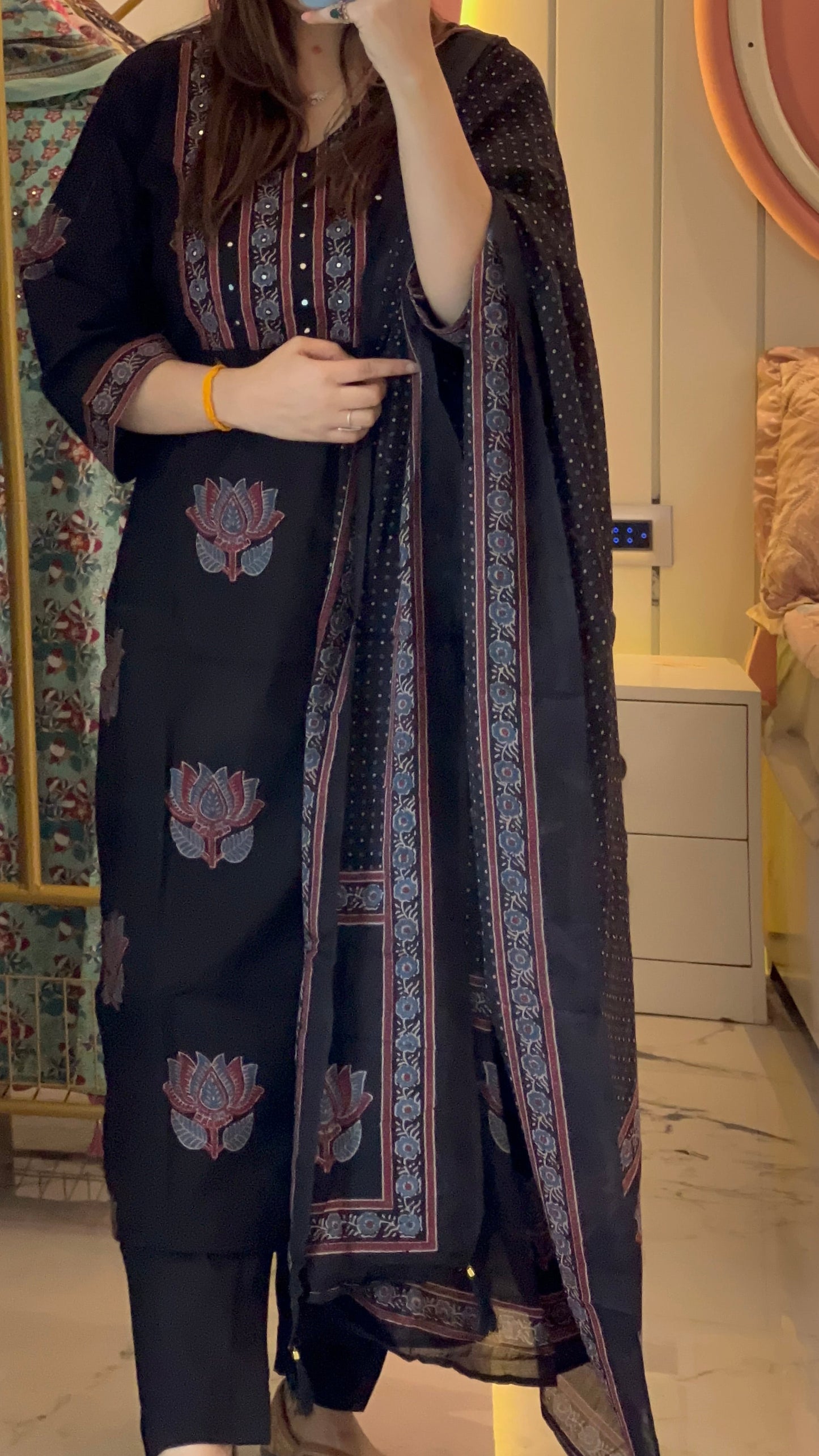 Women Black Lotus Print Cotton kurta Set with Dupatta (38 to 52)
