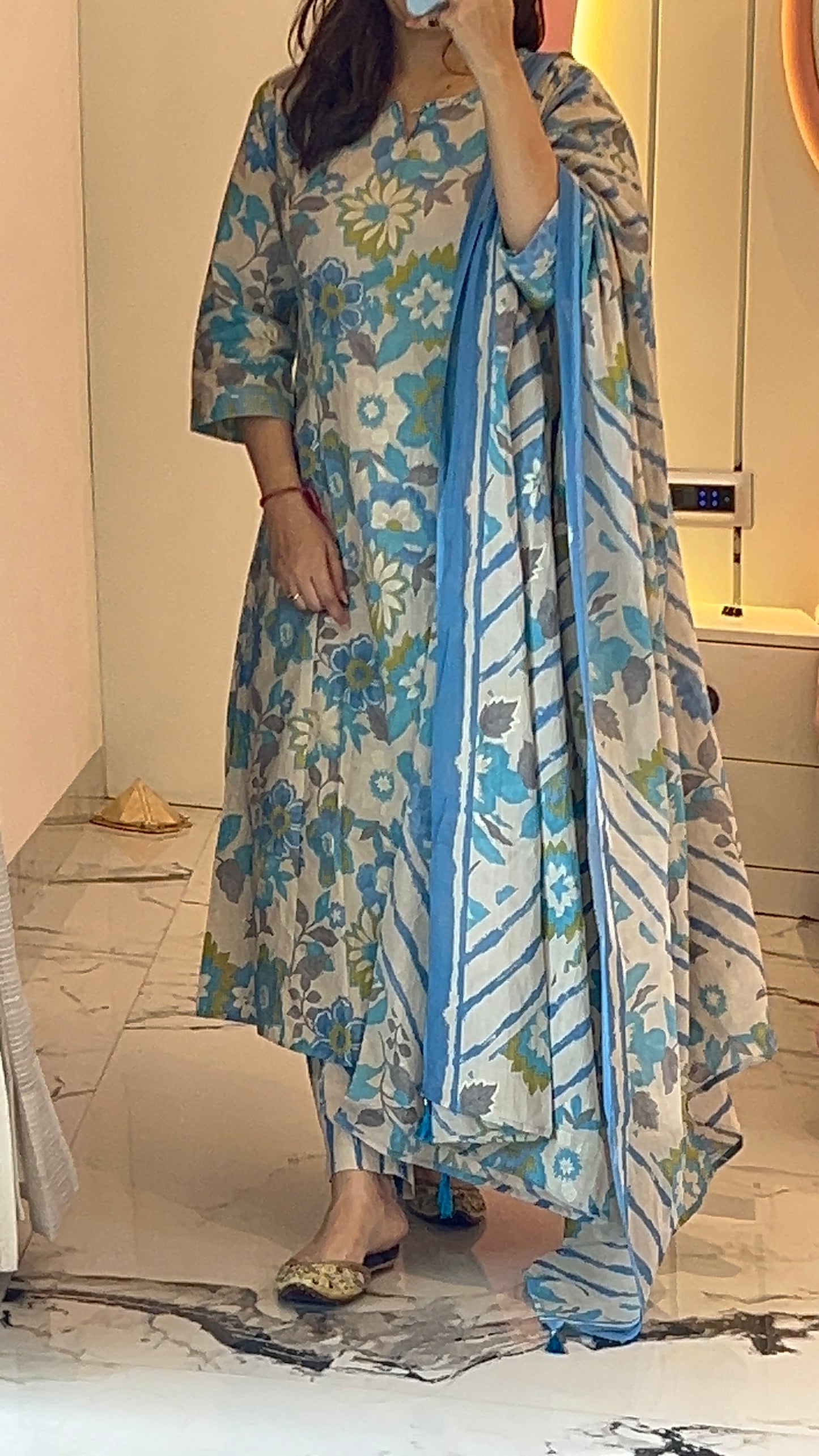 Pure Premium Sky blue A-Line cotton Kurta Set with Dupatta (38 to 50)