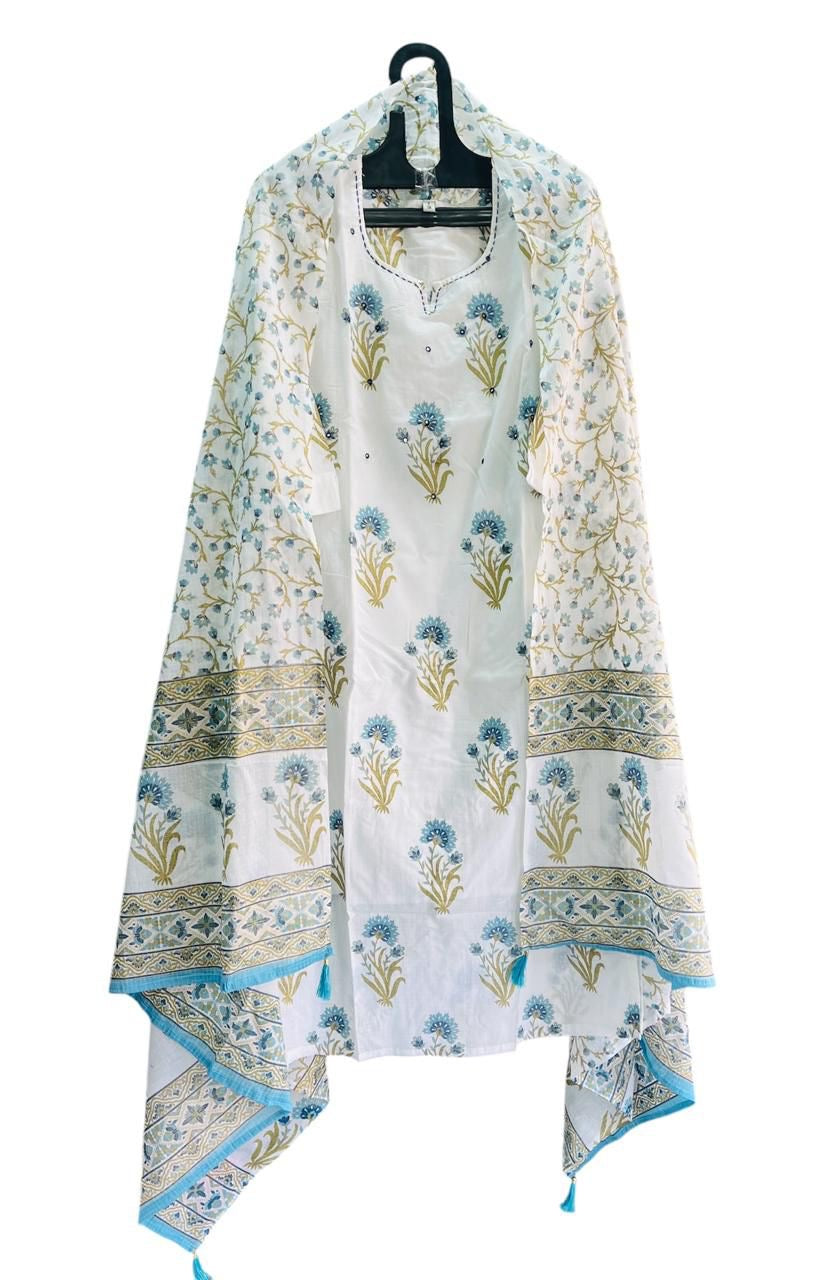 Pure Premium Off White Straight Cotton kurta set with Dupatta (38 to 52)