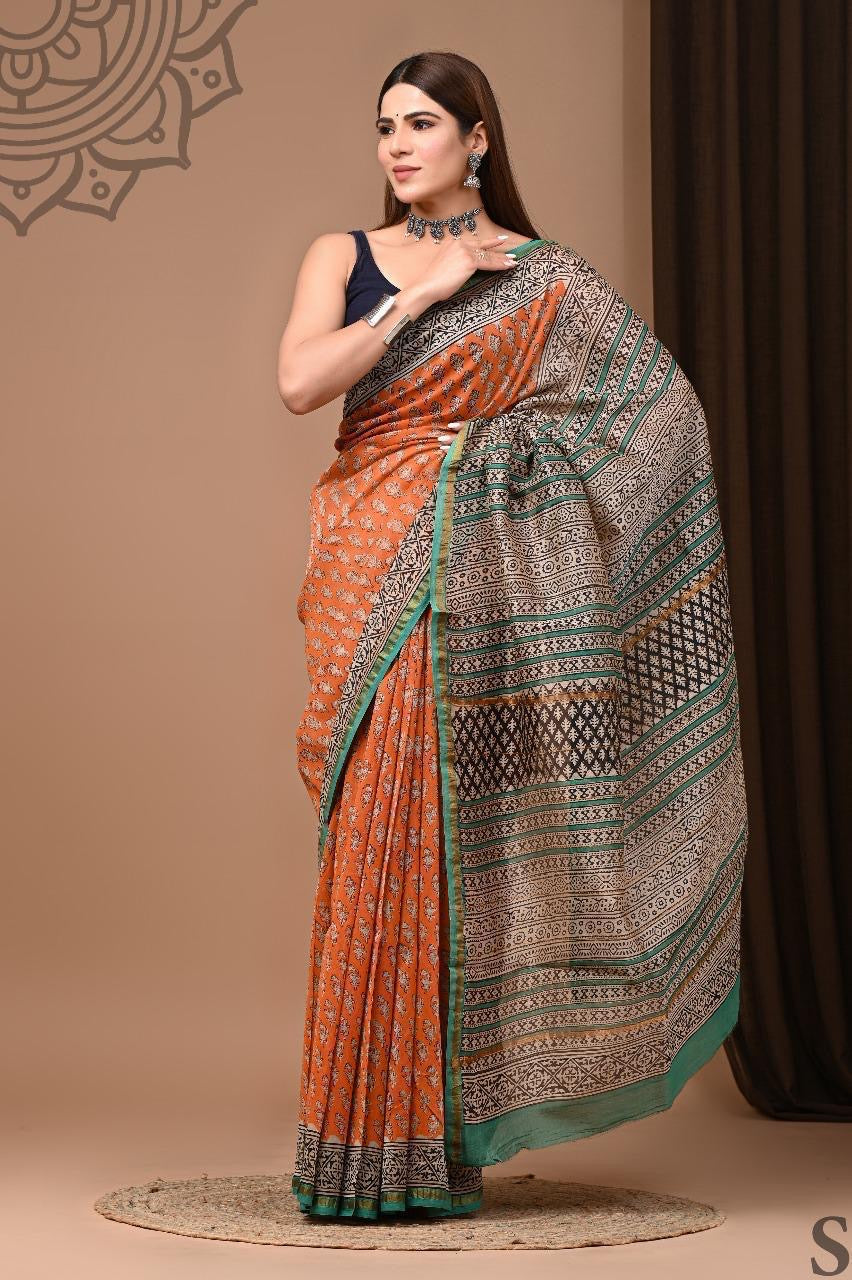 Hand Rust orange Block Black Chanderi silk saree Saree