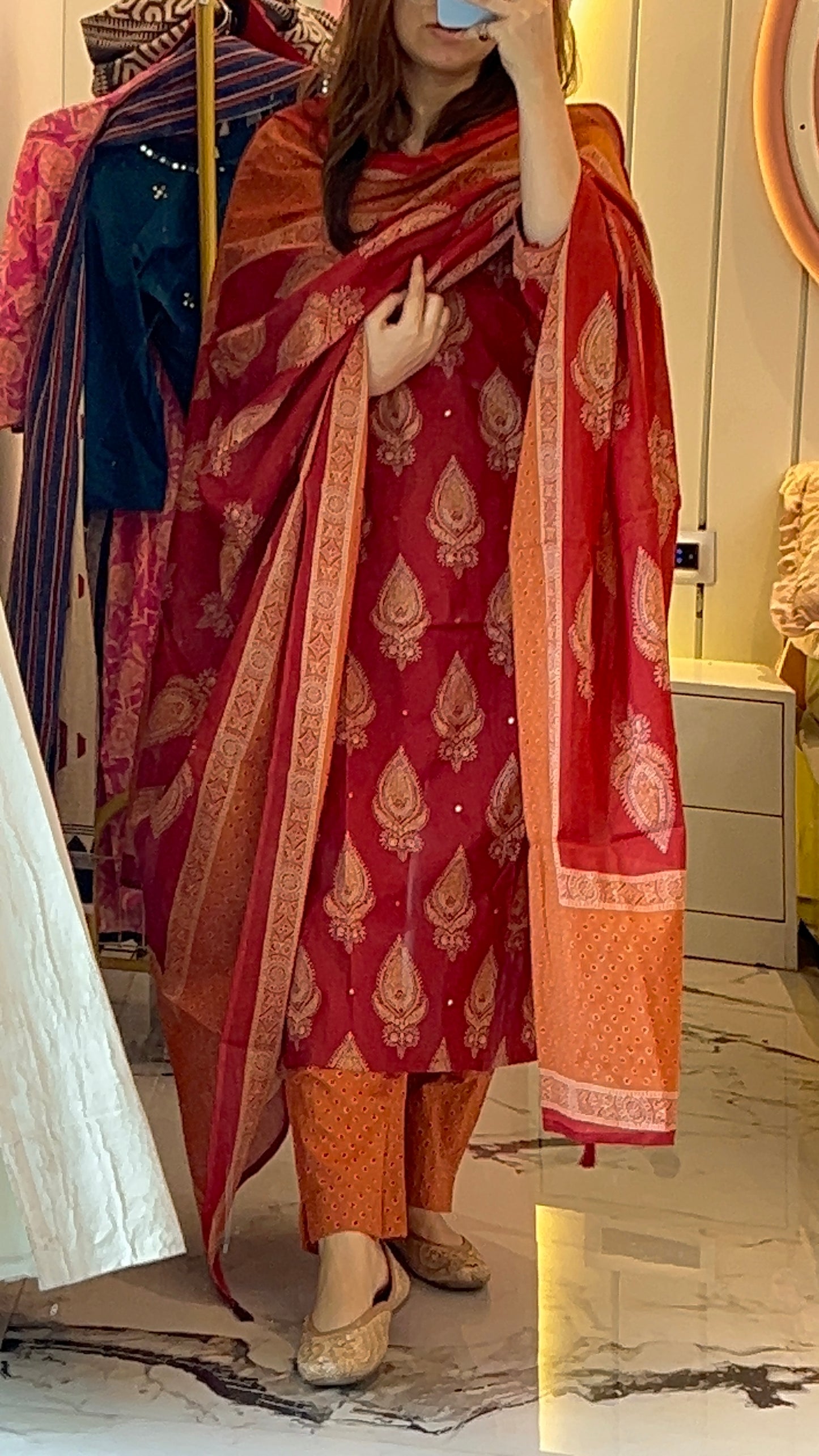 VGANG Maroon Kurta with Rust Orange Pant Cotton Kurta Set with Dupatta (38 to 52)