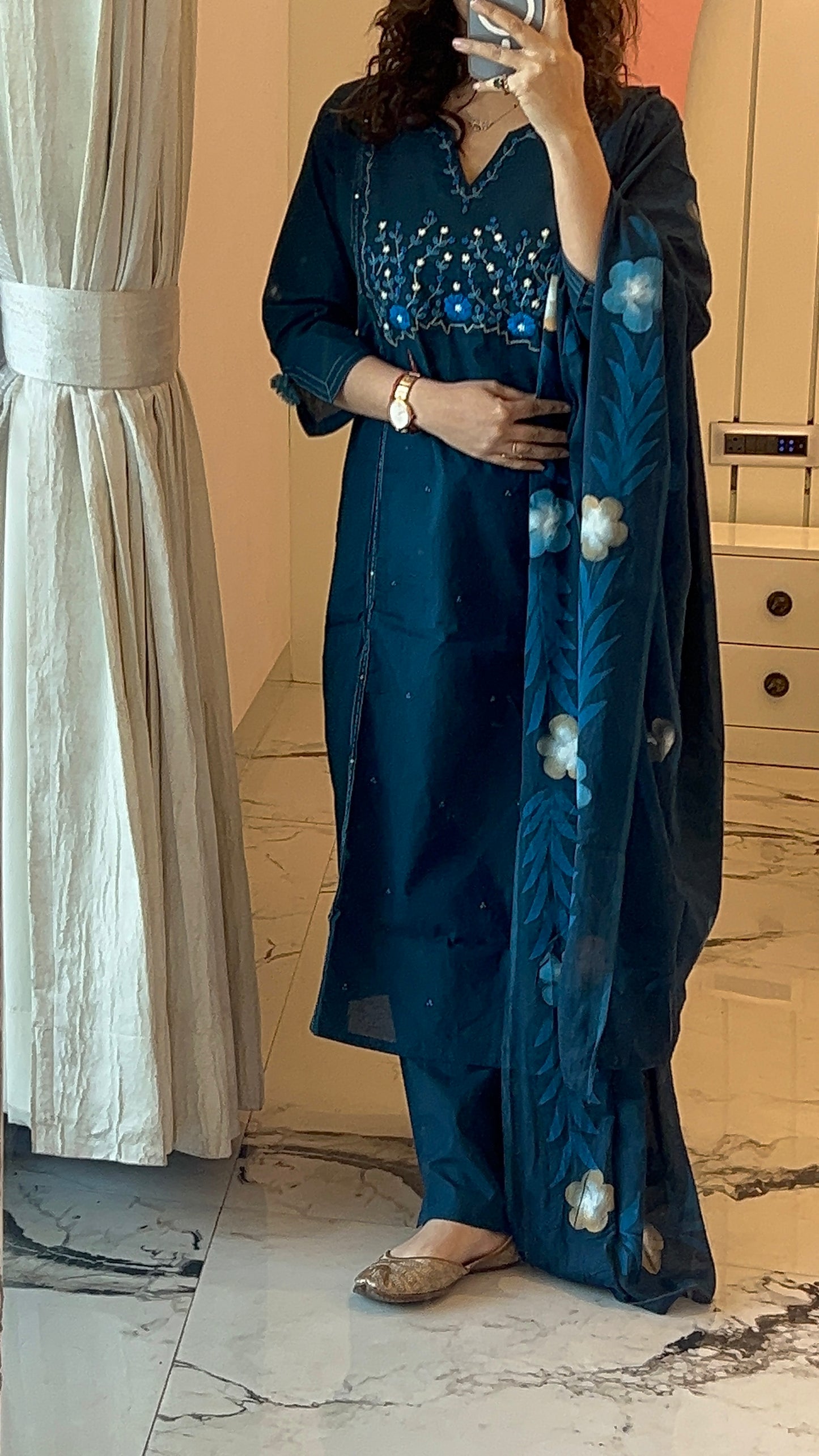 Women’s Blue Embroidered Cotton Kurta Set with Dupatta (38 to 46 ) | VGANG