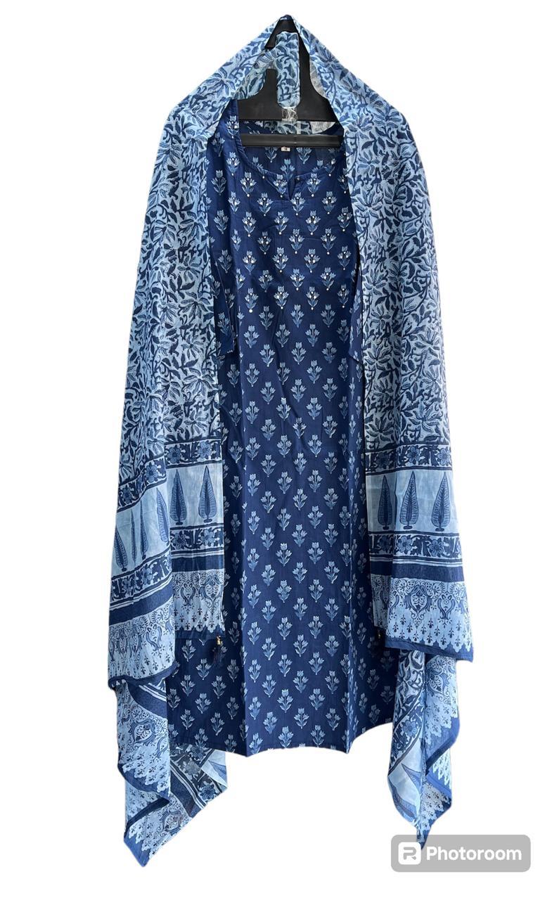 Pure Premium Royal blue Cotton kurta set with Dupatta