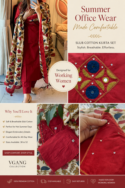 Red Slub Cotton Kurta Set with Dupatta for womens (38 to 52)