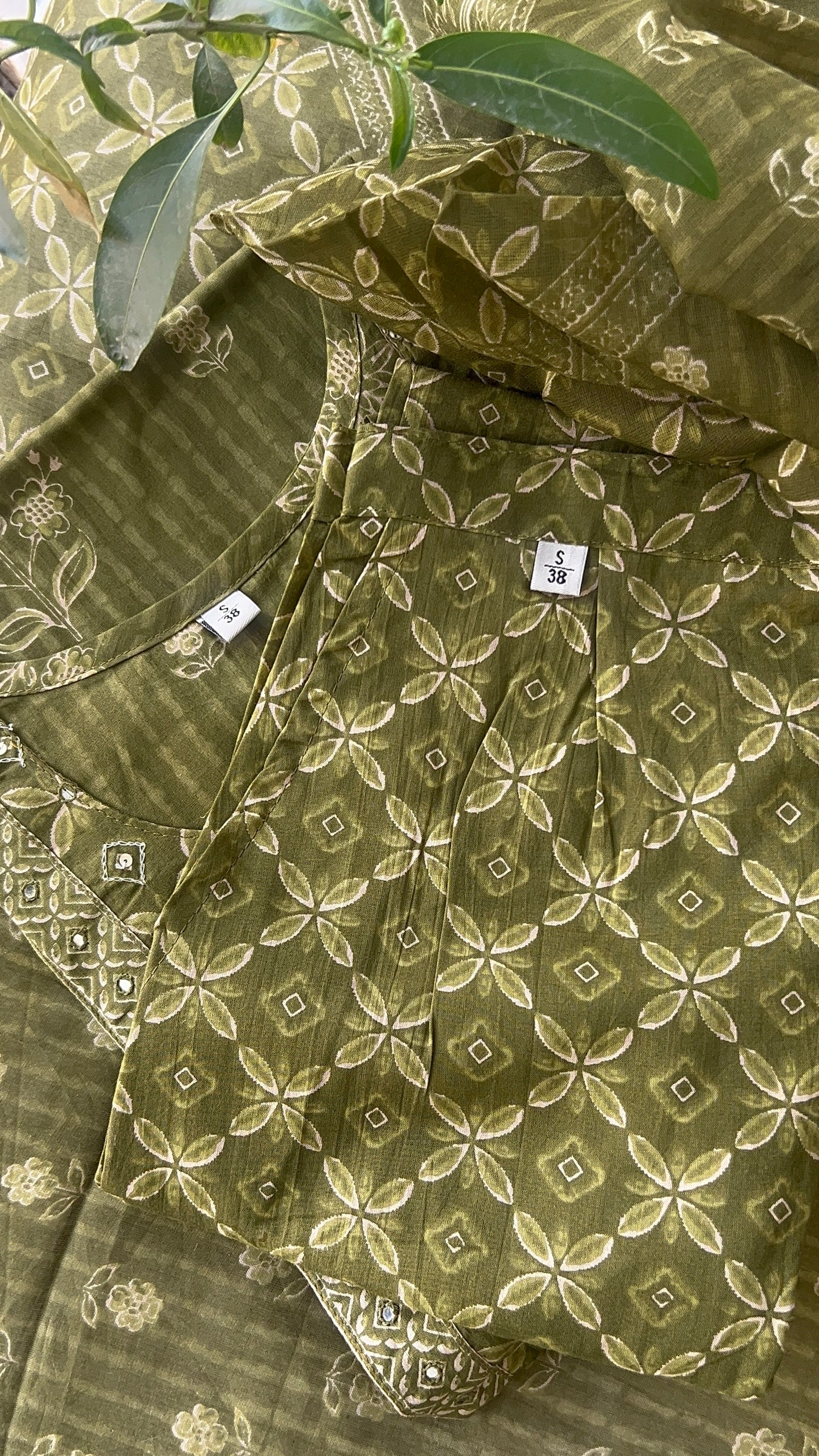 Women’s Olive Green Block Print Cotton Kurta Set with Dupatta (38 to 52)