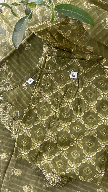 Women’s Olive Green Block Print Cotton Kurta Set with Dupatta (38 to 52)