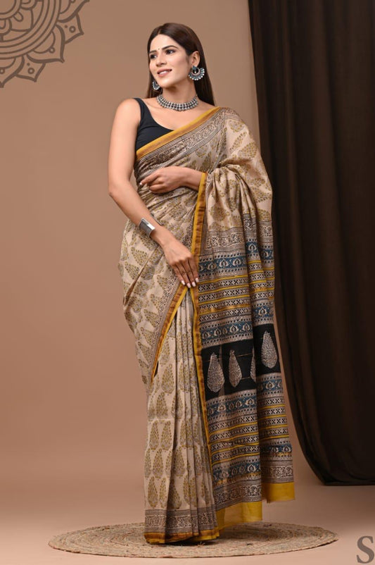 Hand Block white Chanderi Silk Saree