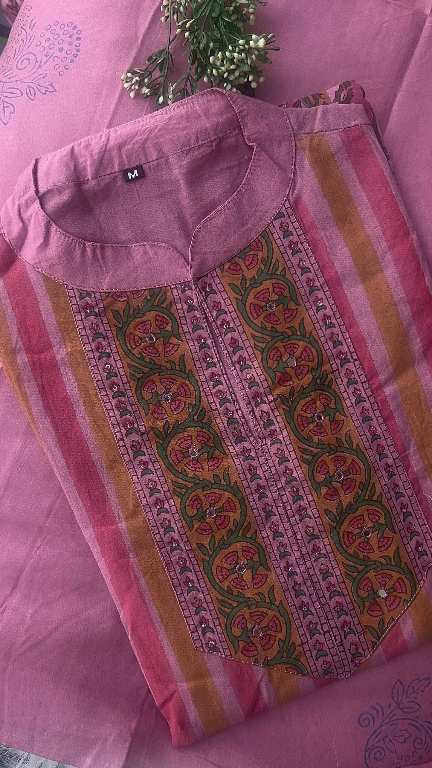 Women’s Pink Stripe Print Pure Cotton Kurta set with Dupatta(38 to 46)