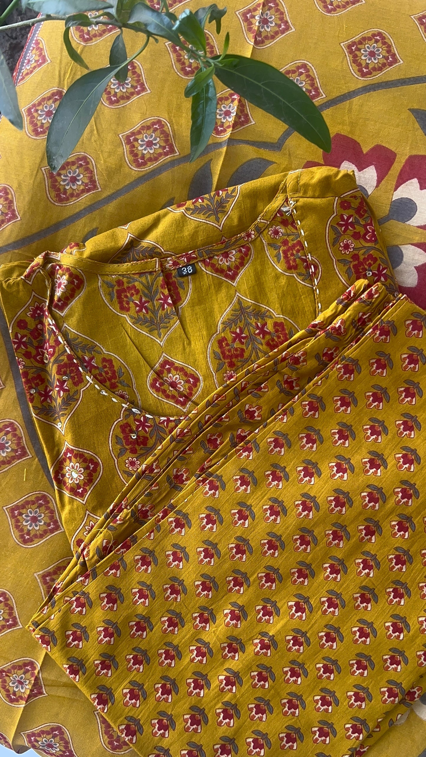 Women’s Block Print Mustard Yellow Cotton Kurta Set with Dupatta (38 to 46)