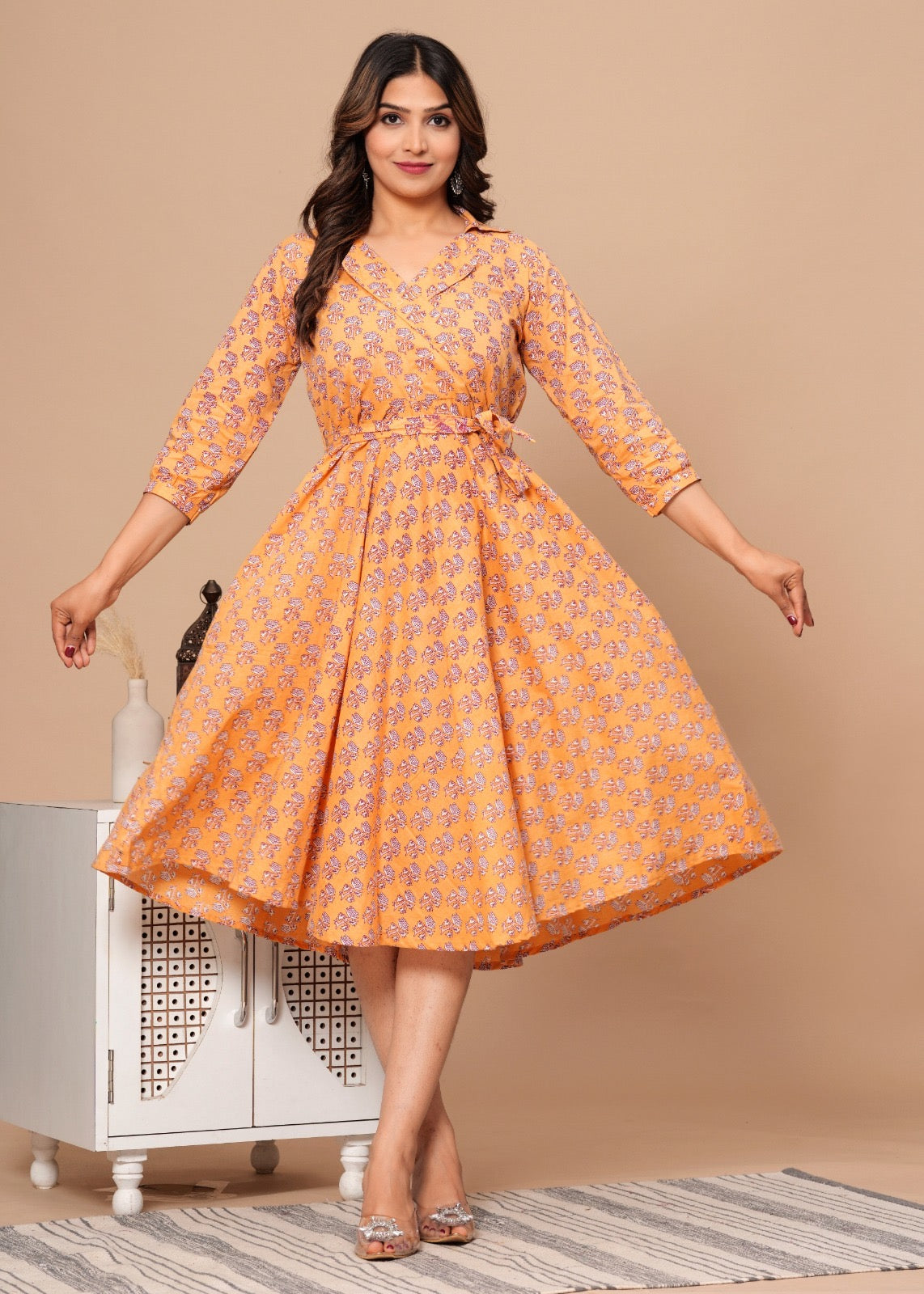 Peach Block Print Dress