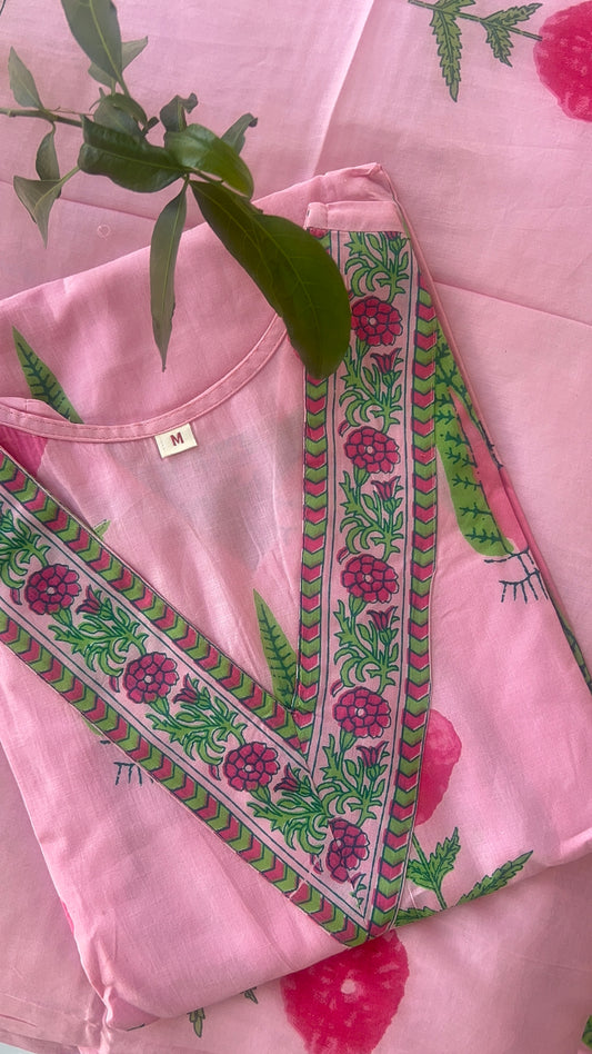 Women’s Light Pink Block Print Cotton Kurta Set with Dupatta (38 to 46)