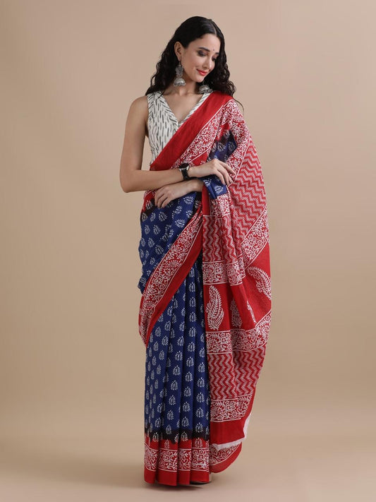 Hand Block Print Rayal blue with Red Cotton Saree for Women | VGANG