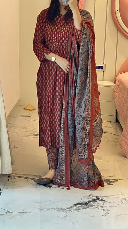 Pure Premium Maroon Cotton Kurta Set with Dupatta (38 to 52)