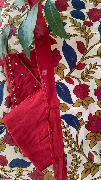 Vgang Red Slub Cotton kurta Set with Dupatta(38 to 56)