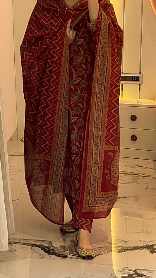 Pure Premium Maroon Cotton Straight Kurta set with Dupatta (38 to 52)