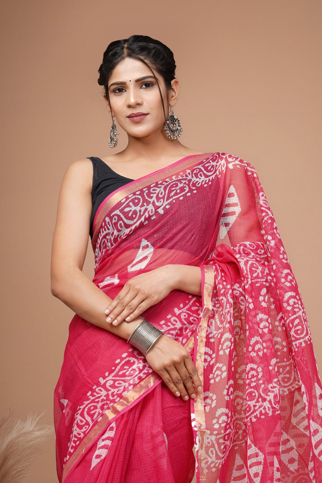 Hand Block pink contrast Saree