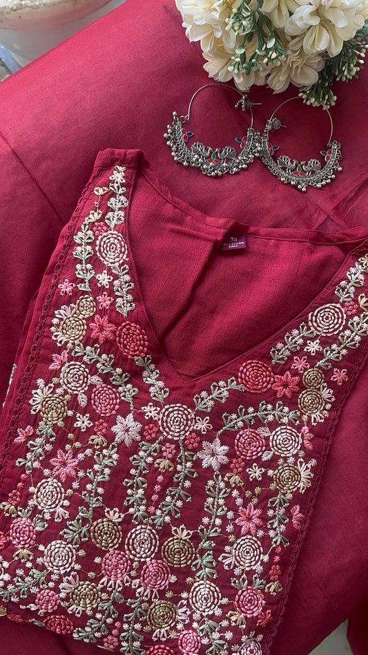 Women’s Maroon Cotton Anarkali kurta set with Dupatta (38 to 46)