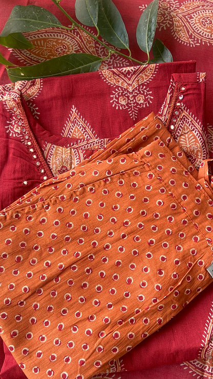 VGANG Maroon Kurta with Rust Orange Pant Cotton Kurta Set with Dupatta (38 to 52)