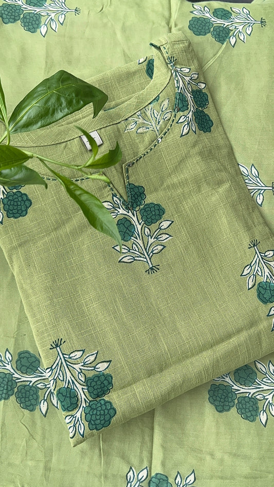 Women’s Pista Green Aline Cotton kurta set with Dupatta (38 to 52)