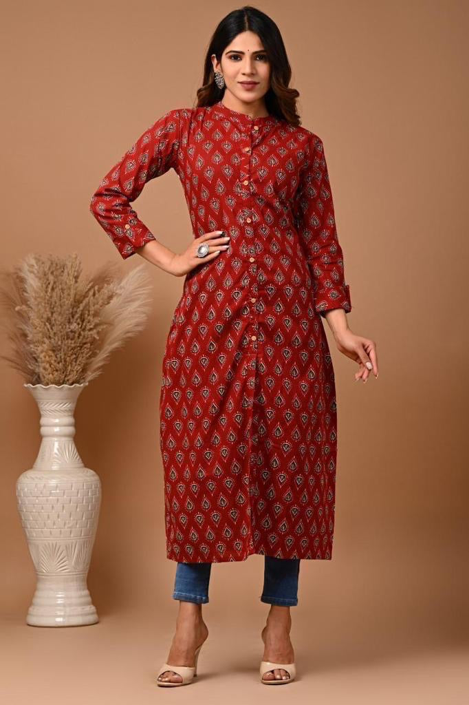 Maroon Hand Block long kurti