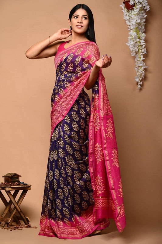 Hand Royal Blue with Pink  contrast Chanderi Saree