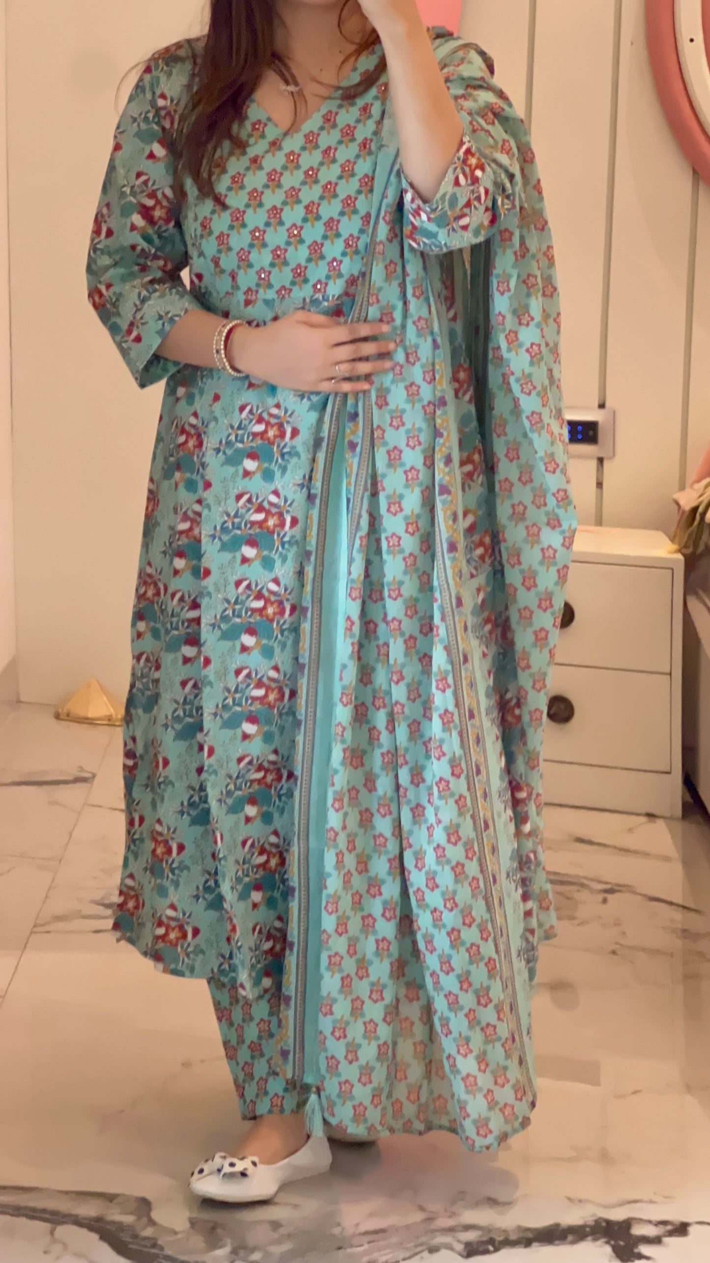 Women’s Floral Blue A Line Cotton Kurta Set with Dupatta (38 to 52)
