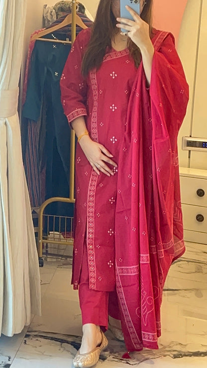 Women’s Dark Pink a cotton Kurta Set with Dupatta (38 to 46)