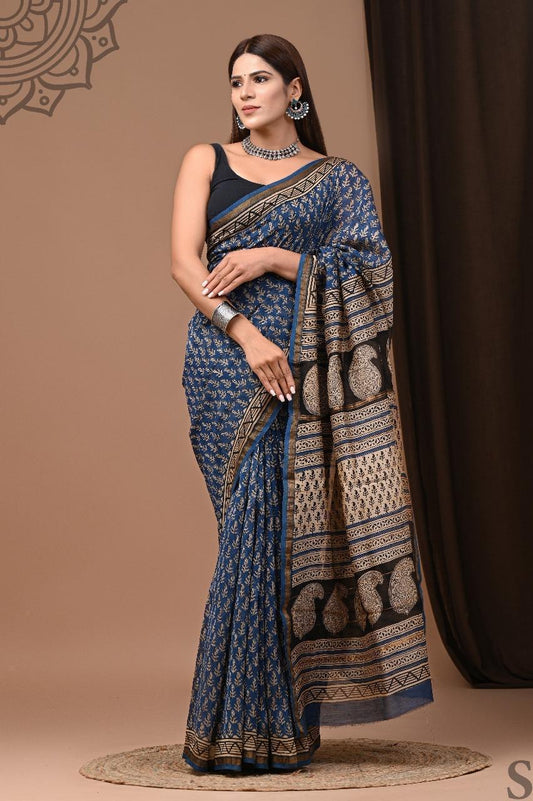 Hand Block Blue Chanderi Saree