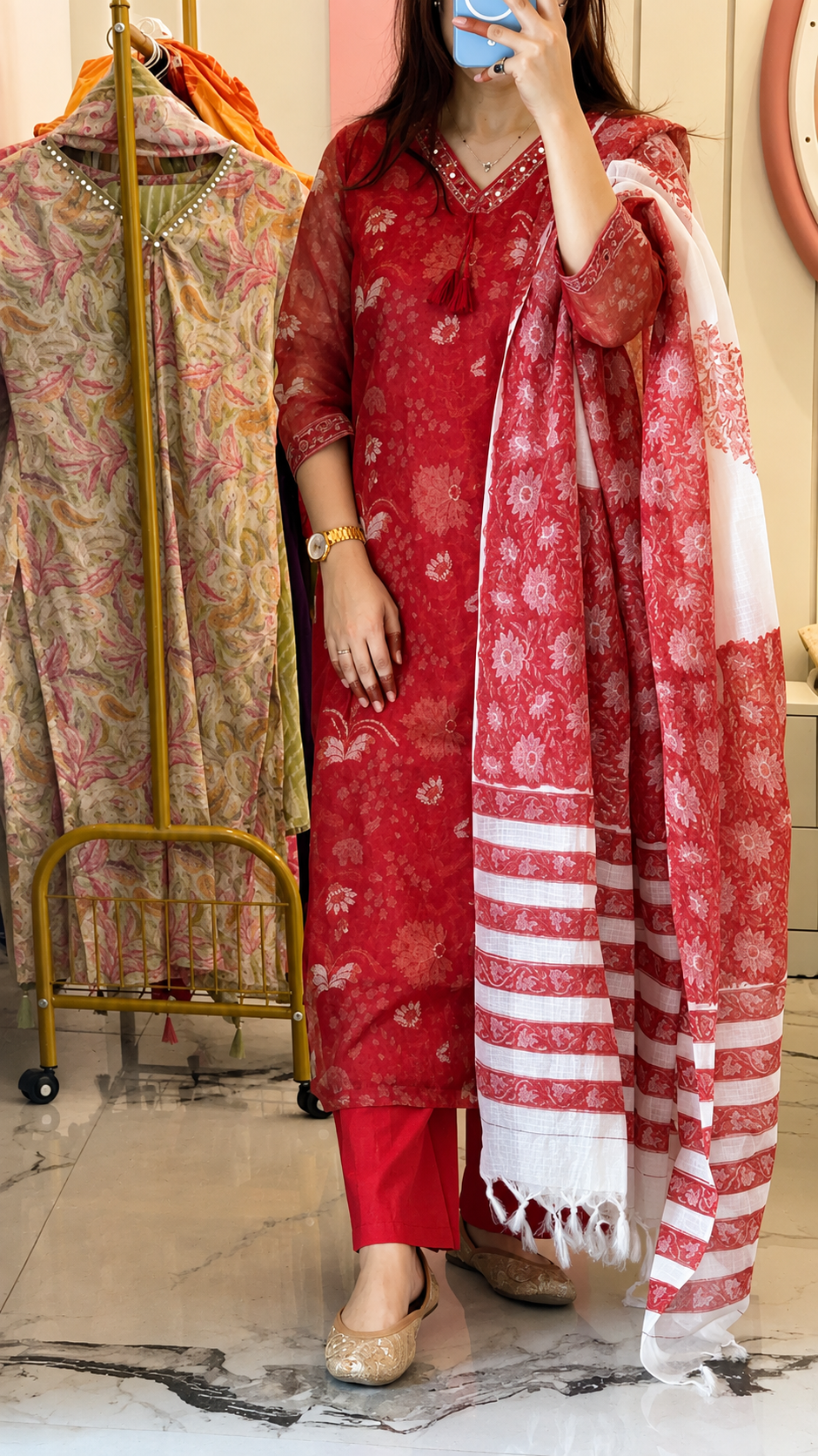 Women’s Red Kota Dori kurta with Cotton Pant and Dupatta (38 to 46)
