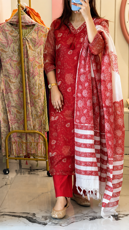 Women’s Red Kota Dori kurta with Cotton Pant and Dupatta (38 to 46)
