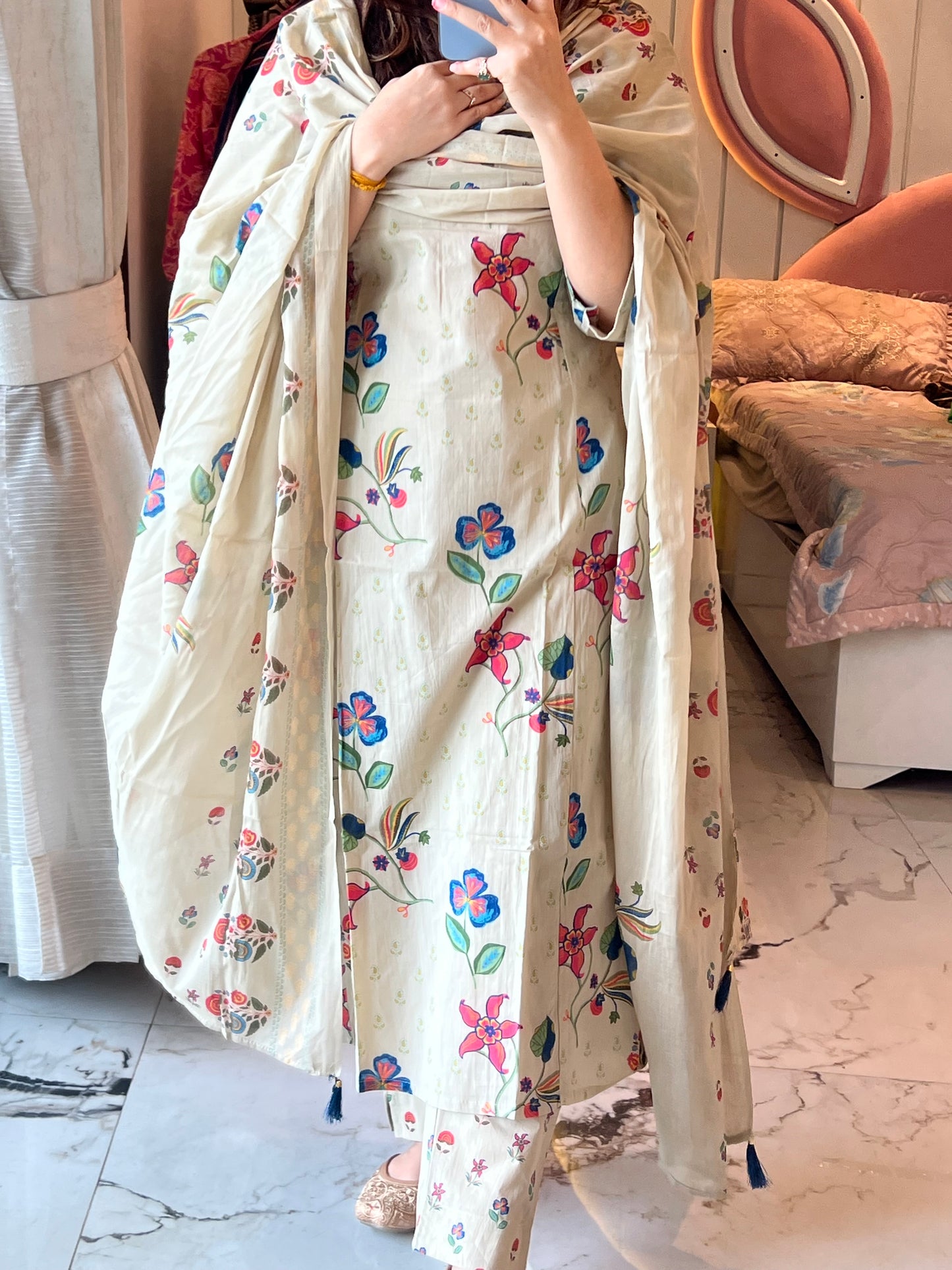 VGANG Beige Aline Cotton Kurta set with Dupatta (38 to 45)