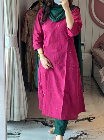Women Wine Aline Cotton kurta Set with Dupatta (38 to 46)