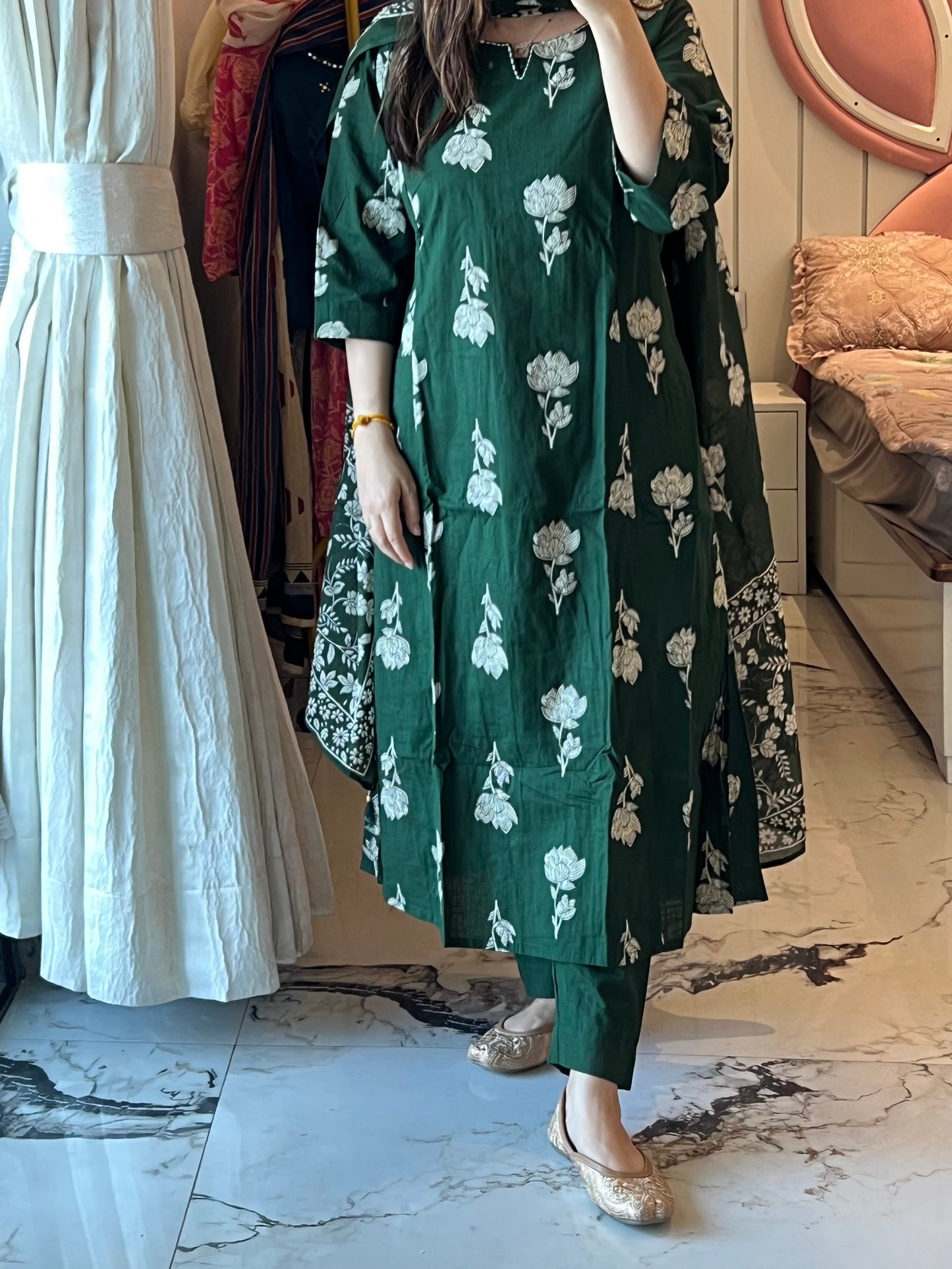 VGANG Bottle Green Aline Cotton kurta set with Dupatta(38 to 52)