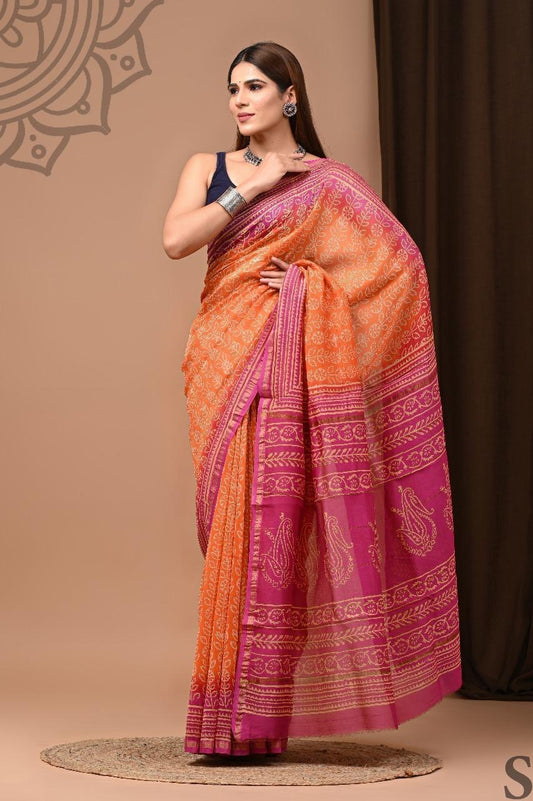 Hand Block Rust and Pink combination Chanderi silk Saree