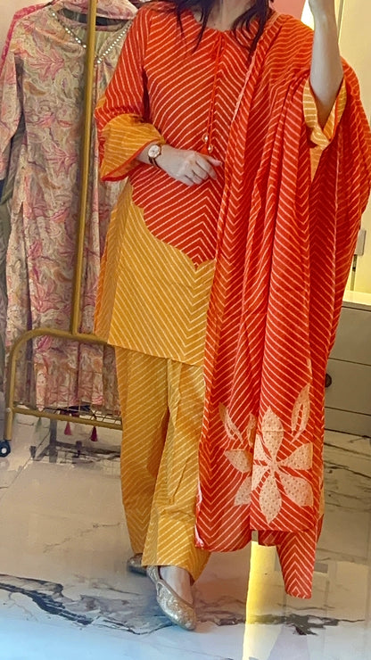Women Leheriya Orange kurta and Yellow Afgani Pant with Dupatta (38 to 44)