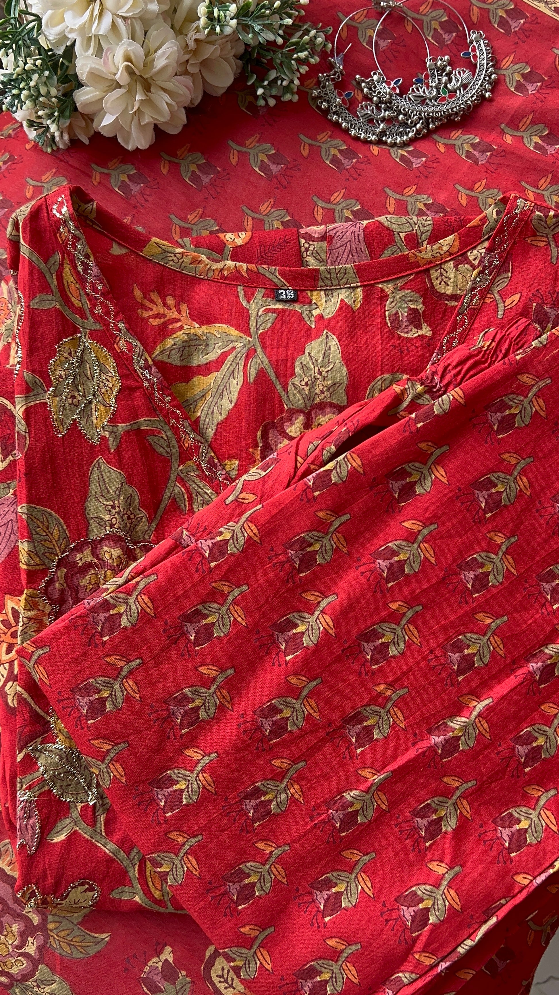 vgang women Red Cotton Anarkali Kurta set with Dupatta (38 to 44)