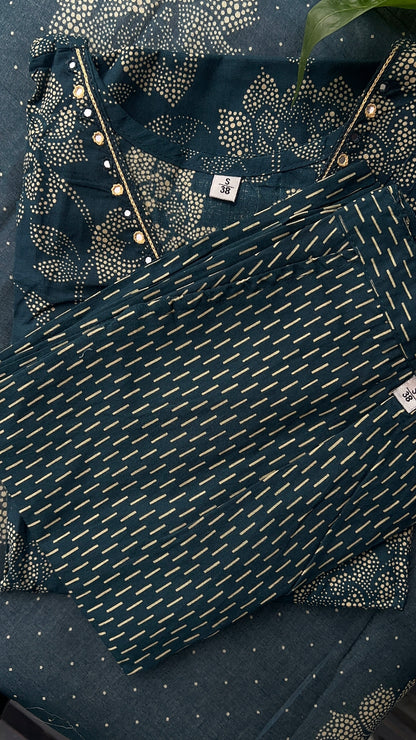 Women’s Teal blue Cotton Kurta set with Dupatta (38 to 52)