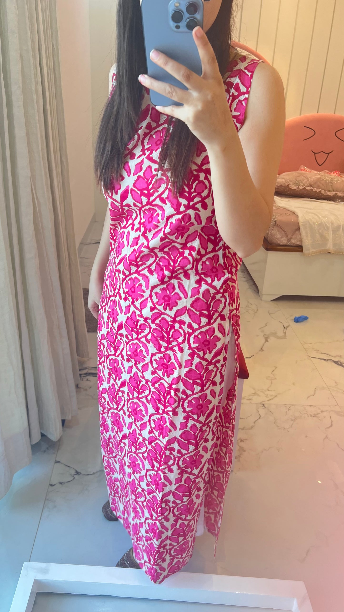 Pink Hand Block Print Sleeveless kurti