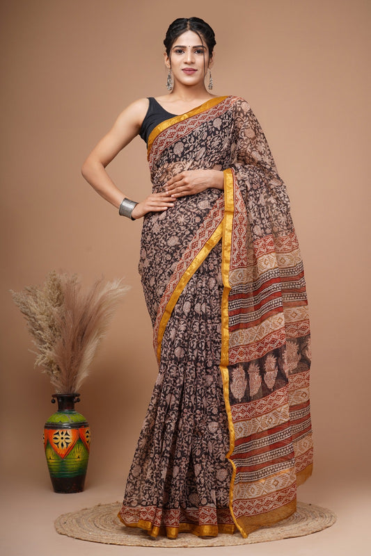 Hand Block Rust and black combination Saree